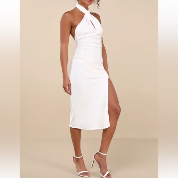 NWT Lulus White Satin Halter Formal Midi Dress, Medium - Picture 1 of 5